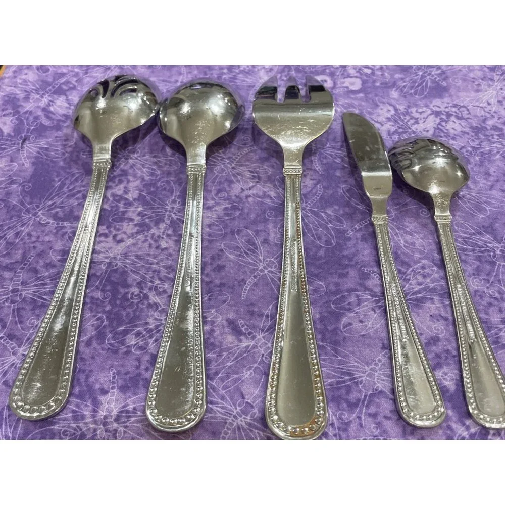Reed & Barton Kendall Stainless Hostess Spoon Fork 5 Piece Set Beaded‎ Outline